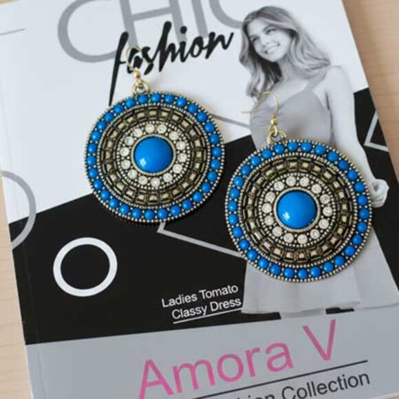 2/$21 Ladies Blue Gold Aztec Round Earrings - Picture 1 of 5